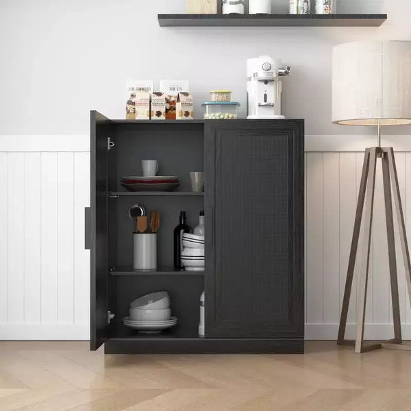 36x31x16 Wood Grain Buffet Cabinet in Black, Storage Organizer with Adjustable Shelves and Rattan Doors for Kitchen Bedroom Entryway Living Room