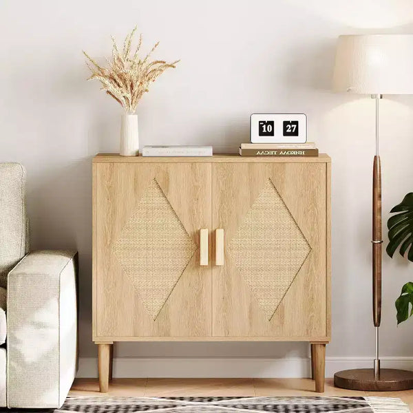 Modern Sideboard with Woven Rattan Doors Adjustable Shelves Entryway Cabinet for Living Room, Kitchen & Hallway (Sturdy Wood Feet)