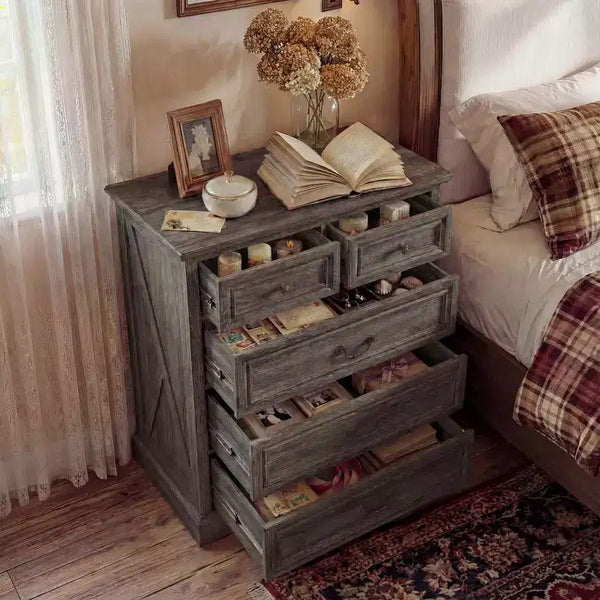 Famapy Farmhouse Nightstand Bedside Table 5-Drawer Chest Dresser with Antique Bronze Knobs,for Bedroom Storage Distressed Chest of Drawers