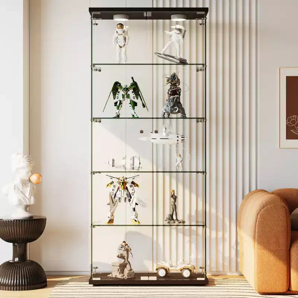 5-Tier 2-Door Display Cabinet, Transparent Storage Unit with LED Light Strip and Lock, Tempered Glass, Suitable for Living Room, Bedrooms and Offices