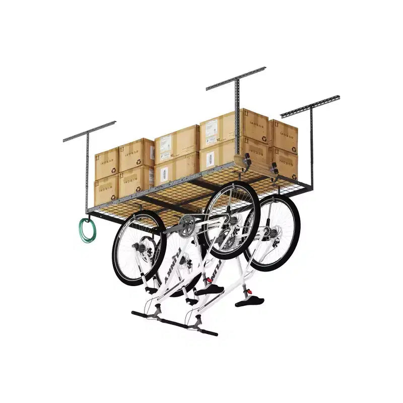 3'x6' Overhead Garage Storage Ceiling Rack with 8 Accessory Hooks Black