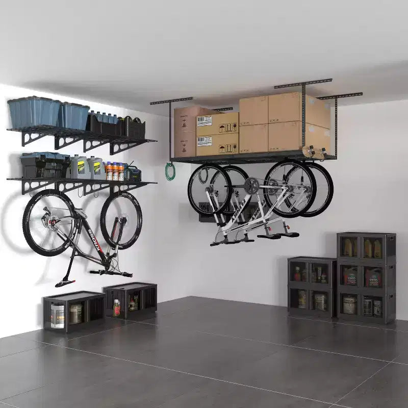 3'x6' Overhead Garage Storage Ceiling Rack with 8 Accessory Hooks Black