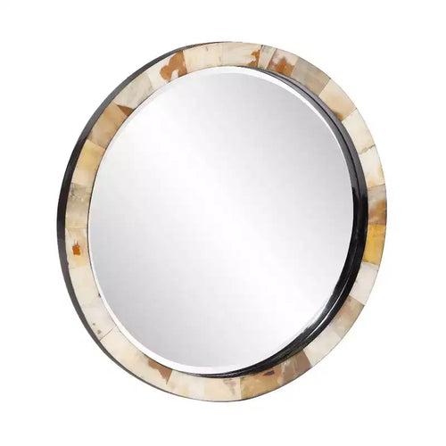 Miroir mural rond biseauté 24" avec cadre en corne carrelé blanc et havane