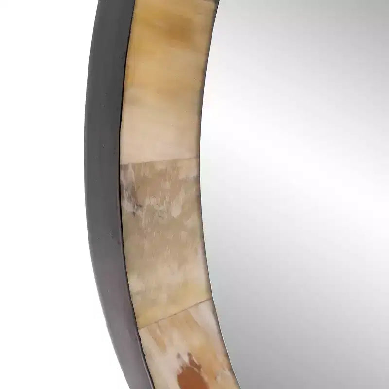 24" Round Beveled Wall Mirror White and Tan Tiled Horn Frame