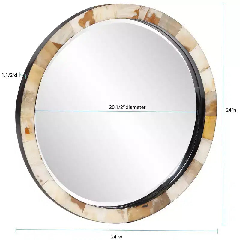 24" Round Beveled Wall Mirror White and Tan Tiled Horn Frame