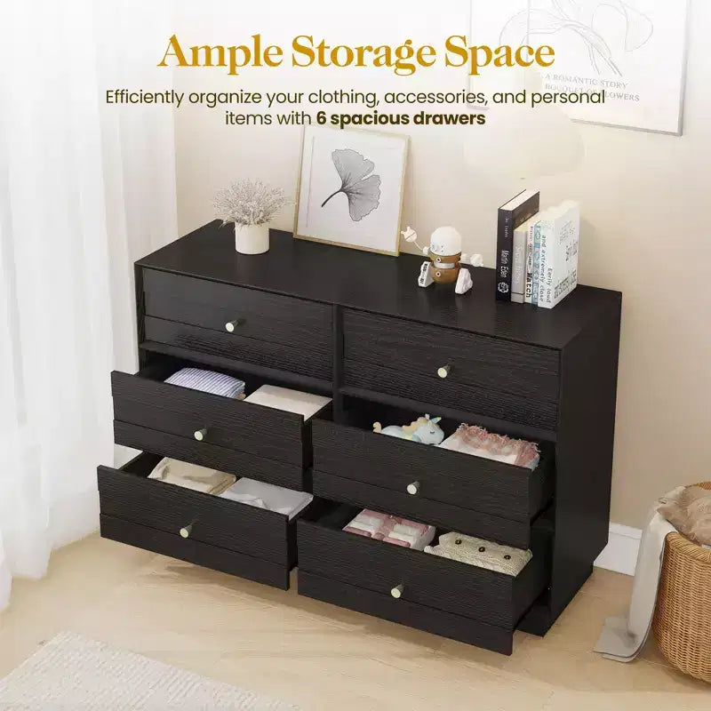 Modern 6 Drawer Dresser with Crystal Knobs & Painted Strip, for Bedroom, Living Room, Hallway, Closet