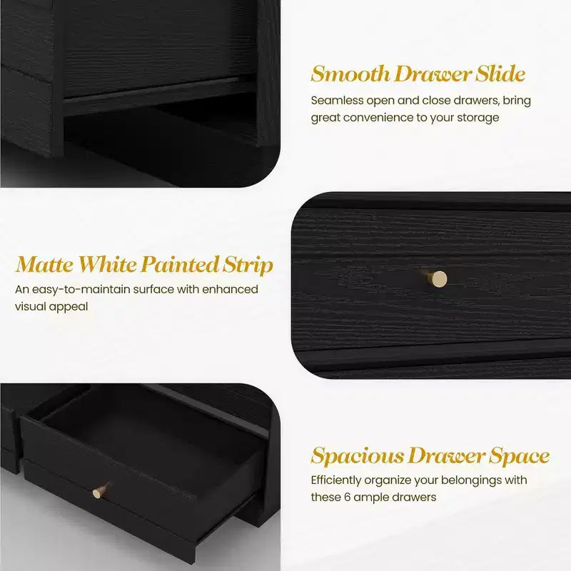 Modern 6 Drawer Dresser with Crystal Knobs & Painted Strip, for Bedroom, Living Room, Hallway, Closet