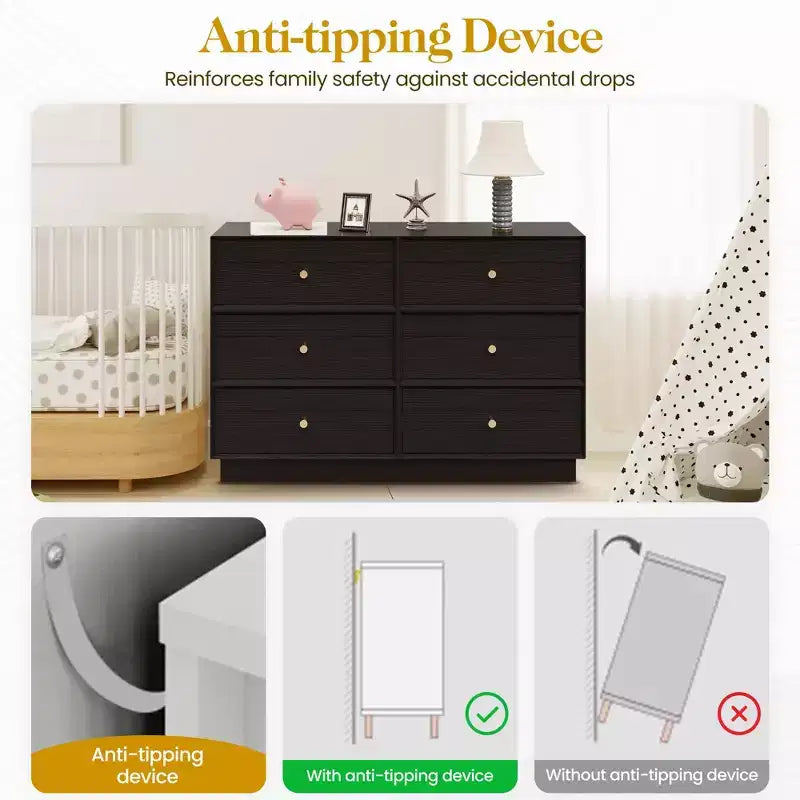 Modern 6 Drawer Dresser with Crystal Knobs & Painted Strip, for Bedroom, Living Room, Hallway, Closet