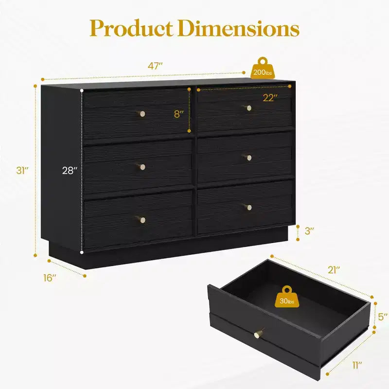 Modern 6 Drawer Dresser with Crystal Knobs & Painted Strip, for Bedroom, Living Room, Hallway, Closet