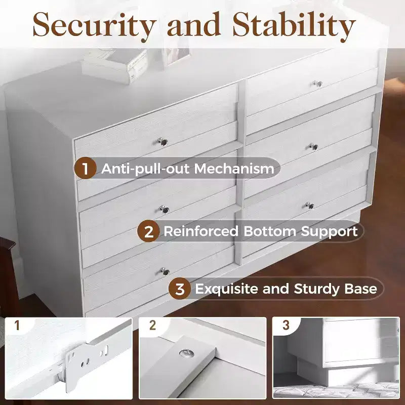 Modern 6 Drawer Dresser with Crystal Knobs & Painted Strip, for Bedroom, Living Room, Hallway, Closet