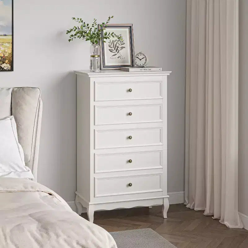 Heynemo Dresser for Bedroom, Modern 5 Drawer Dresser with Solid Wood Legs and Painted Finish, Ideal for Living Room, Nursery, Hallway, Entryway,