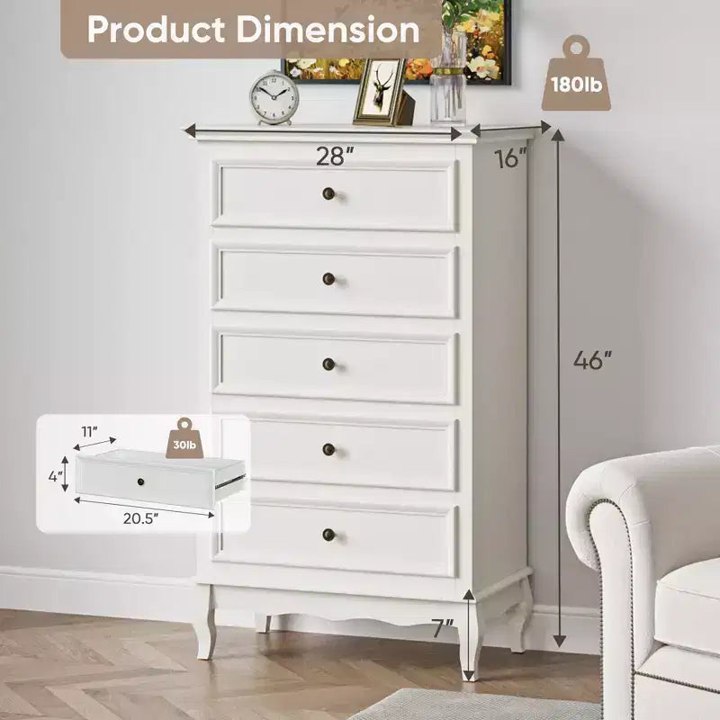 Modern 5 Drawer Dresser with Solid Wood Legs and Painted Finish, Ideal for Bedroom, Living Room, Nursery, Hallway, Entryway