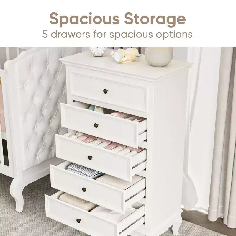 Modern 5 Drawer Dresser with Solid Wood Legs and Painted Finish, Ideal for Bedroom, Living Room, Nursery, Hallway, Entryway