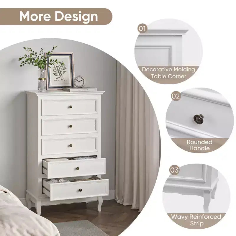 Modern 5 Drawer Dresser with Solid Wood Legs and Painted Finish, Ideal for Bedroom, Living Room, Nursery, Hallway, Entryway