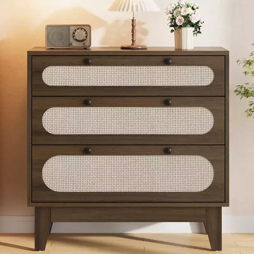 WhizMax 3 Drawer Wood Dresser, Rattan Nightstand Bedside Table