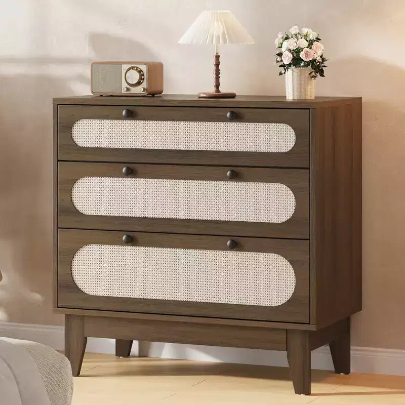 3 Drawer Wood Dresser, Rattan Nightstand Bedside Table
