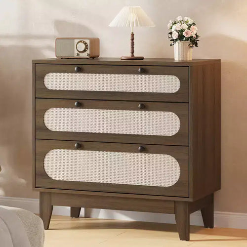 Commode en bois à 3 tiroirs, table de chevet en rotin