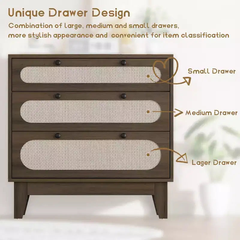 3 Drawer Wood Dresser, Rattan Nightstand Bedside Table