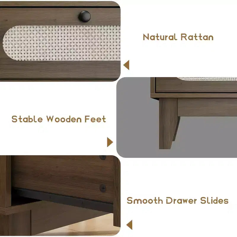 3 Drawer Wood Dresser, Rattan Nightstand Bedside Table