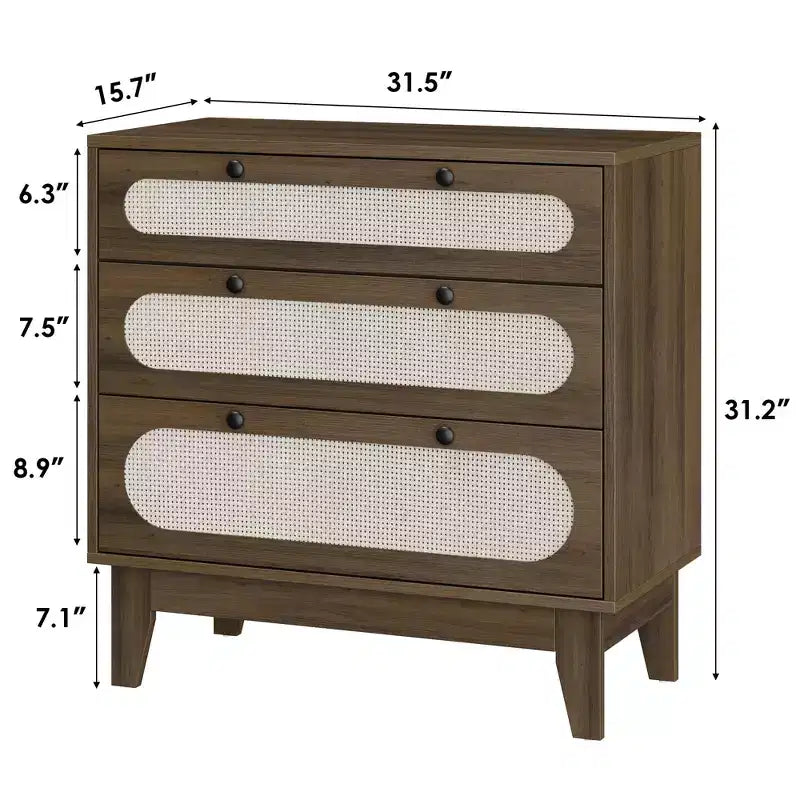 3 Drawer Wood Dresser, Rattan Nightstand Bedside Table
