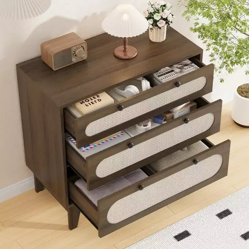 3 Drawer Wood Dresser, Rattan Nightstand Bedside Table