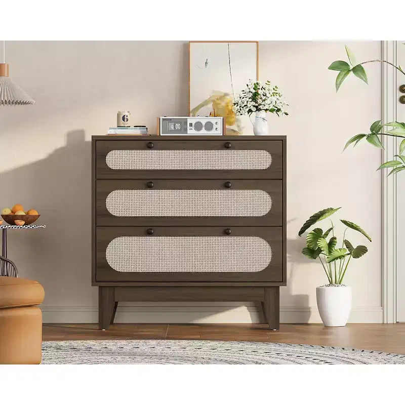 3 Drawer Wood Dresser, Rattan Nightstand Bedside Table