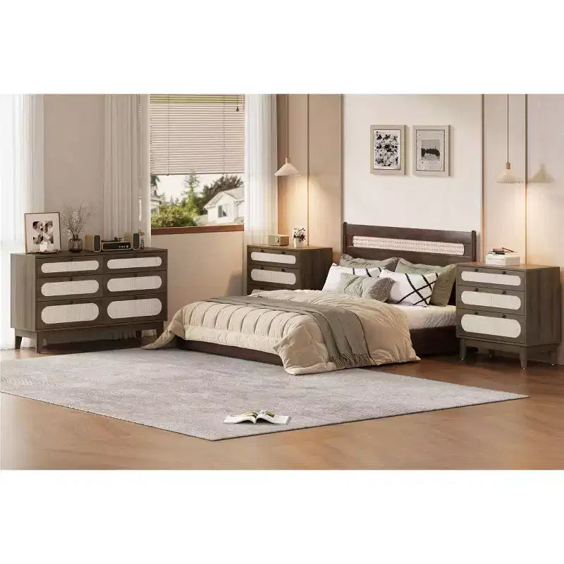 3 Drawer Wood Dresser, Rattan Nightstand Bedside Table