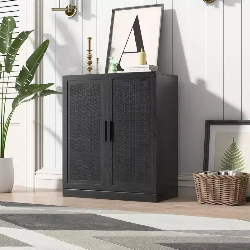 36x31x16 Wood Grain Buffet Cabinet in Black, Storage Organizer with Adjustable Shelves and Rattan Doors for Kitchen Bedroom Entryway Living Room