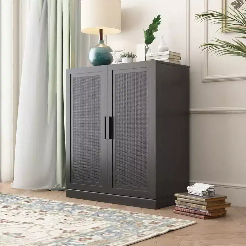 36x31x16 Wood Grain Buffet Cabinet in Black, Storage Organizer with Adjustable Shelves and Rattan Doors for Kitchen Bedroom Entryway Living Room
