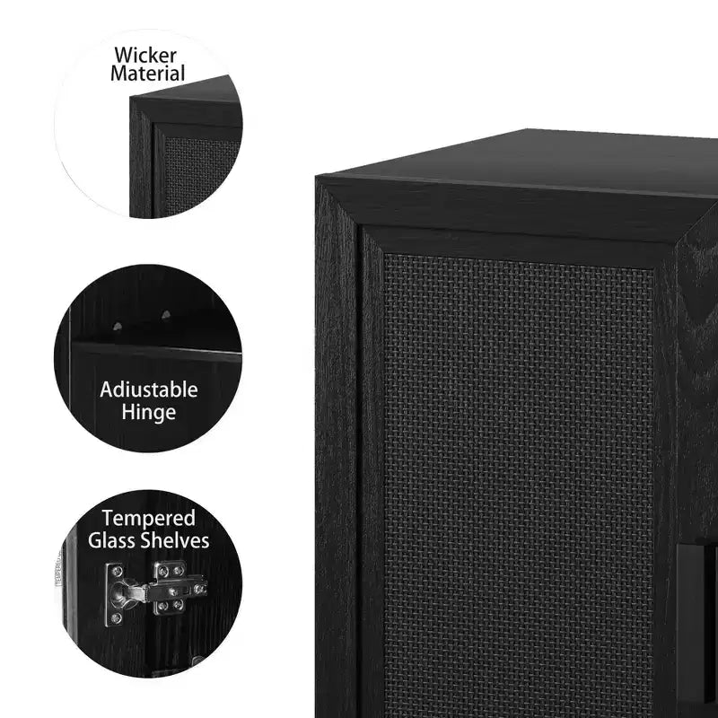 36x31x16 Wood Grain Buffet Cabinet in Black, Storage Organizer with Adjustable Shelves and Rattan Doors for Kitchen Bedroom Entryway Living Room