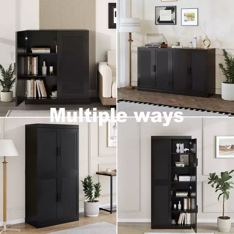 36x31x16 Wood Grain Buffet Cabinet in Black, Storage Organizer with Adjustable Shelves and Rattan Doors for Kitchen Bedroom Entryway Living Room