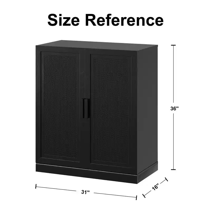 36x31x16 Wood Grain Buffet Cabinet in Black, Storage Organizer with Adjustable Shelves and Rattan Doors for Kitchen Bedroom Entryway Living Room