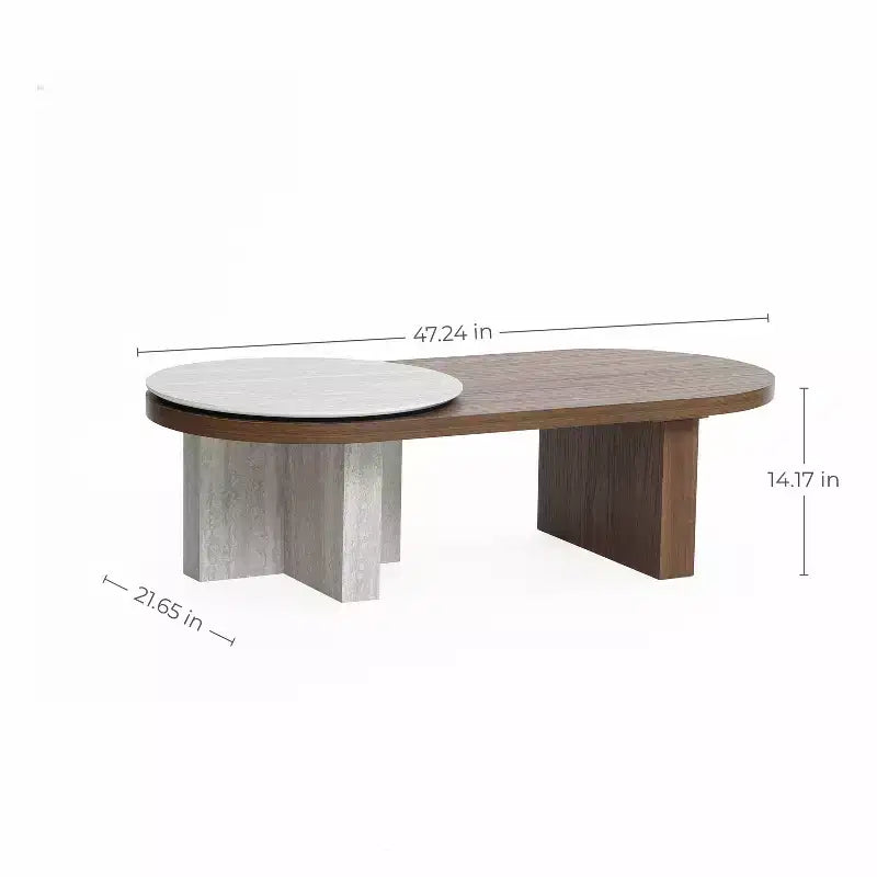 Travertine-Style and Walnut Finish MDF Wood Oval Coffee Table Brown