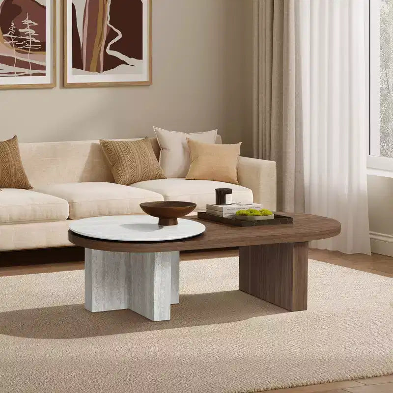 Travertine-Style and Walnut Finish MDF Wood Oval Coffee Table Brown