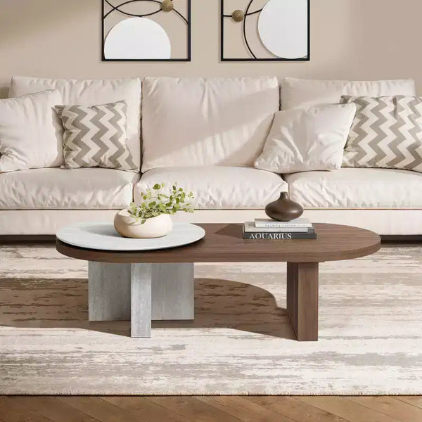 Table basse ovale en MDF effet travertin et noyer, couleur marron