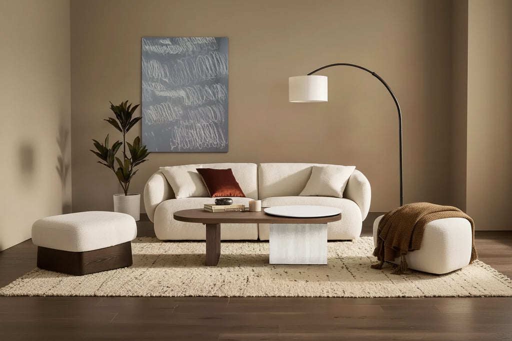 Travertine-Style and Walnut Finish MDF Wood Oval Coffee Table Brown
