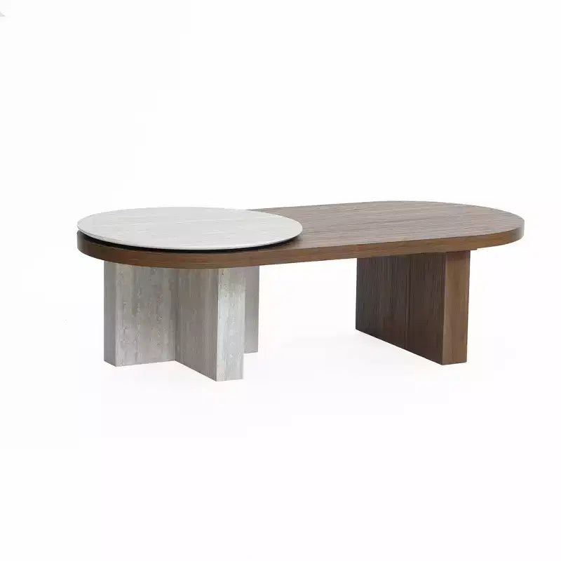 Travertine-Style and Walnut Finish MDF Wood Oval Coffee Table Brown