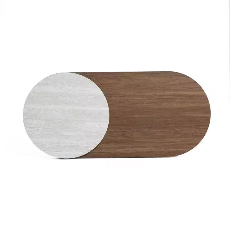 Travertine-Style and Walnut Finish MDF Wood Oval Coffee Table Brown