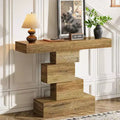 42.5" Farmhouse Console Table, Narrow Wood Sofa Table with Geometric Base, Light Brown