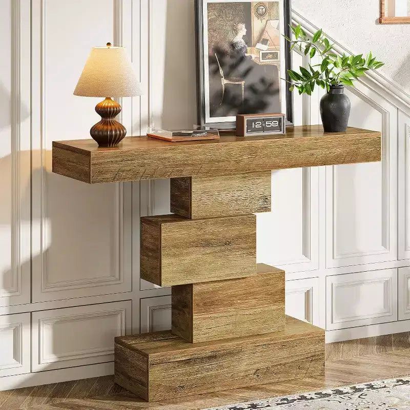 42.5" Farmhouse Console Table, Narrow Wood Sofa Table with Geometric Base, Light Brown