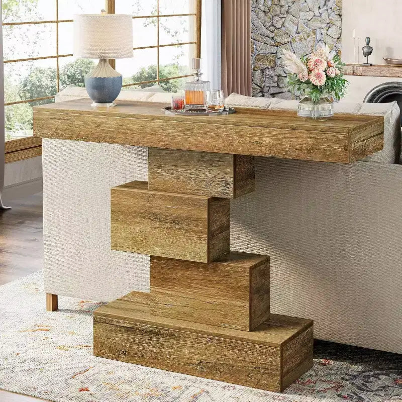 42.5" Farmhouse Console Table, Narrow Wood Sofa Table with Geometric Base, Light Brown