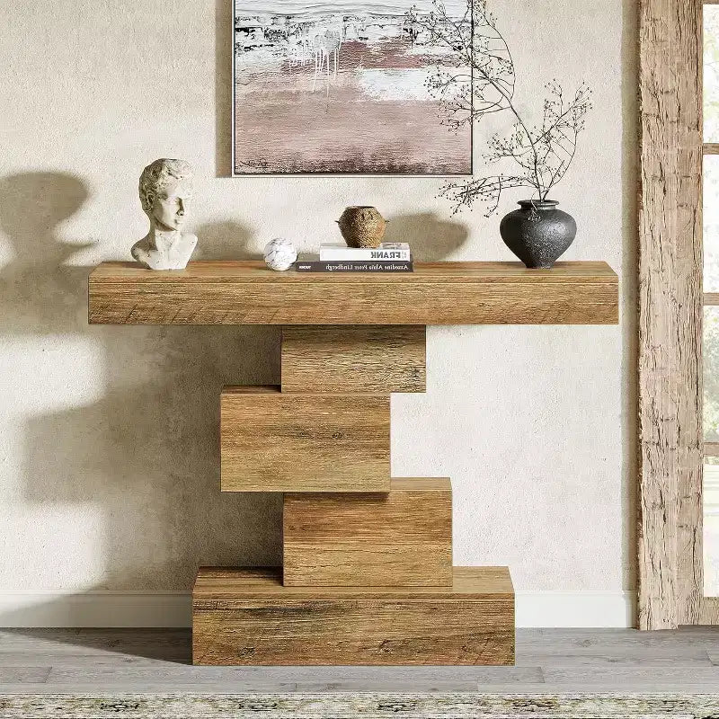 42.5" Farmhouse Console Table, Narrow Wood Sofa Table with Geometric Base, Light Brown