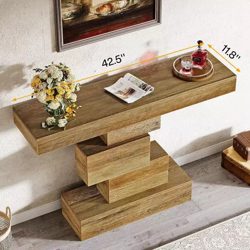 42.5" Farmhouse Console Table, Narrow Wood Sofa Table with Geometric Base, Light Brown
