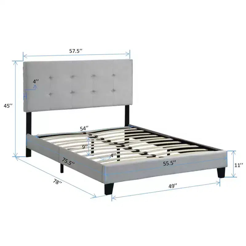Full Bed Frame with Pull Point Tufted Headboard, Upholstered Platform Bed with Wood Slat Support, Gray