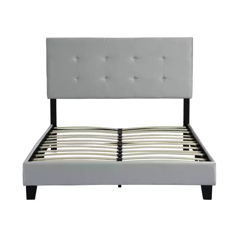 Full Bed Frame with Pull Point Tufted Headboard, Upholstered Platform Bed with Wood Slat Support, Gray