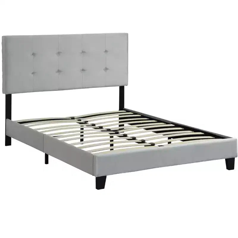 Full Bed Frame with Pull Point Tufted Headboard, Upholstered Platform Bed with Wood Slat Support, Gray