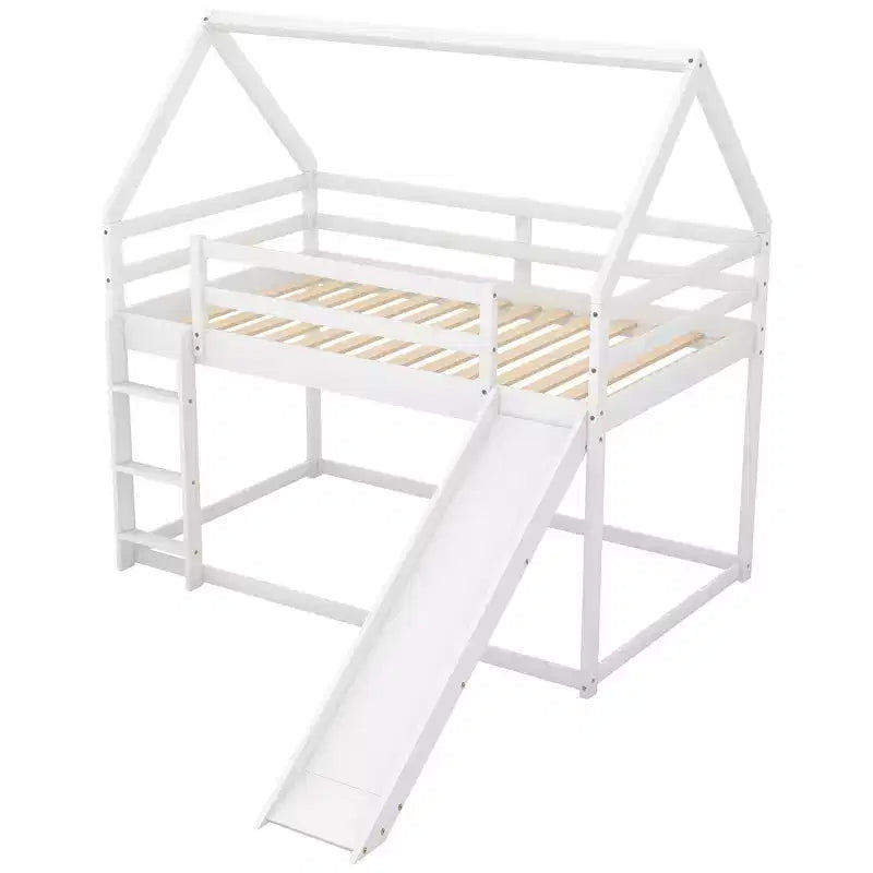 Twin Size Bunk House Bed with Slide and Ladder