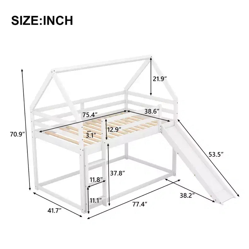 Twin Size Bunk House Bed with Slide and Ladder