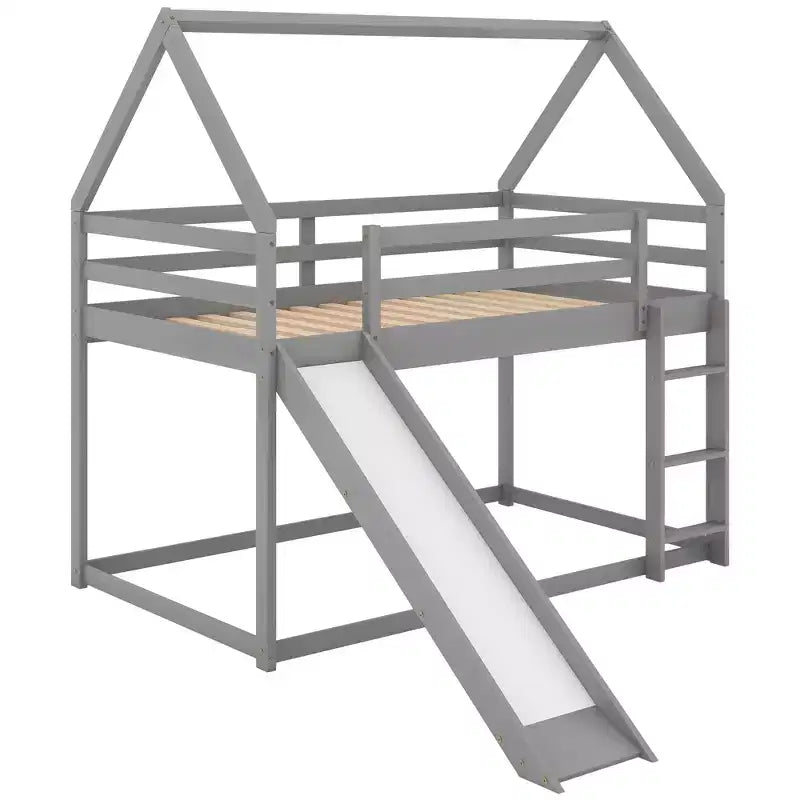 Twin Size Bunk House Bed with Slide and Ladder