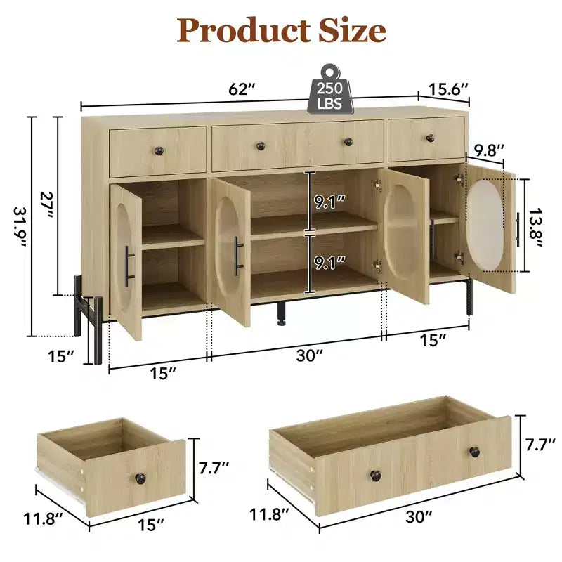 62 Inch Large Sideboard Buffet Cabinet with Storage and 3 Drawers, Coffee Bar Storage Cabinet with 4 Glass Doors for Dining Room,Living Room, Kitchen